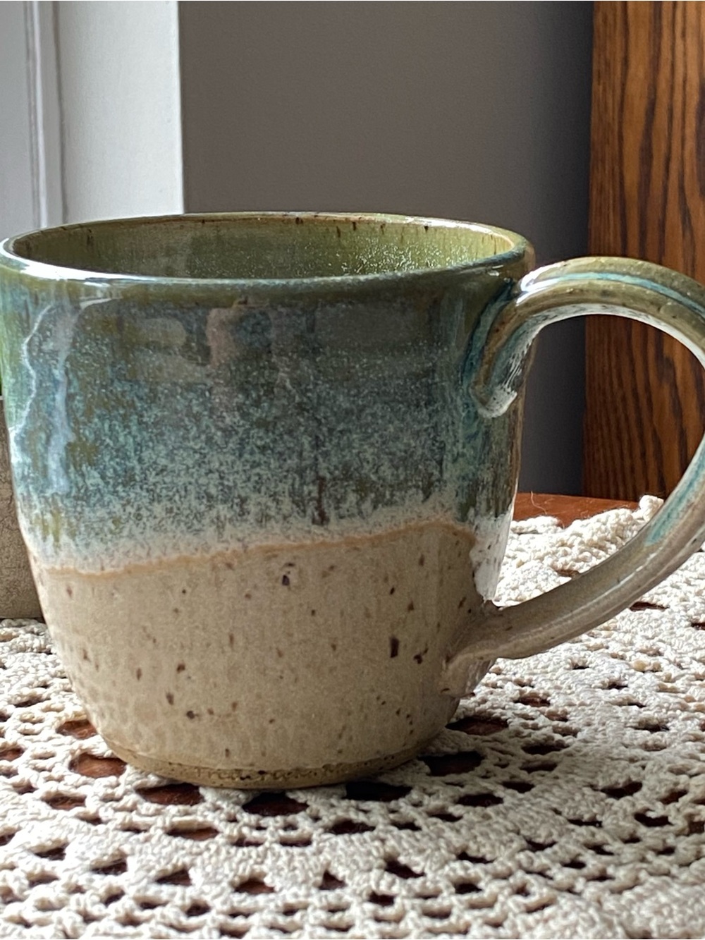 Handmade Pottery Rustic Green and Cream Ceramic Coffee Mug EUC